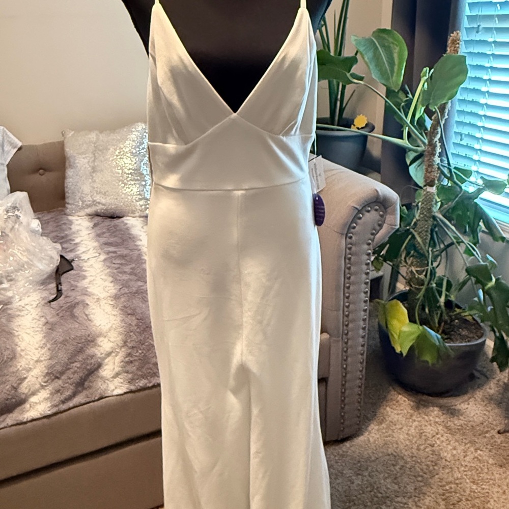 NWT Elegant White Satin Slip Dress with V-Neck